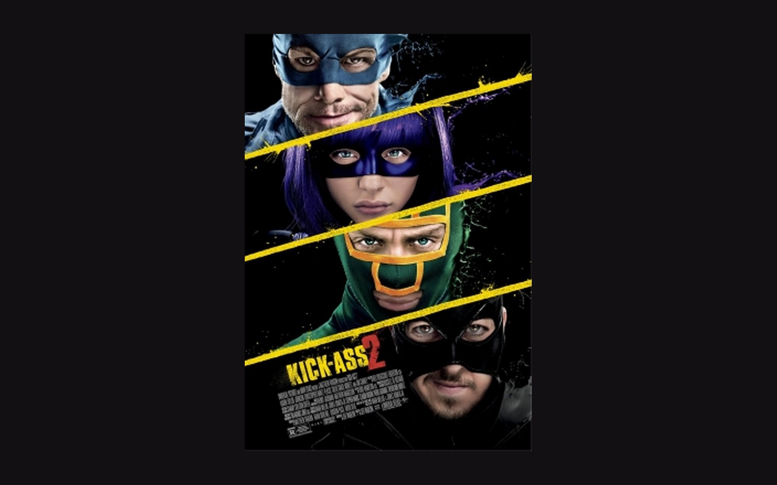 Movie poster for Kick-Ass 2 showing four masked characters stacked above the title